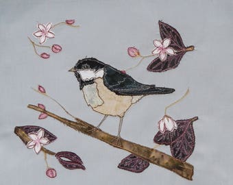 printed pattern for coaltit and cherry blossom raw edge applique tutorial free motion embroidery