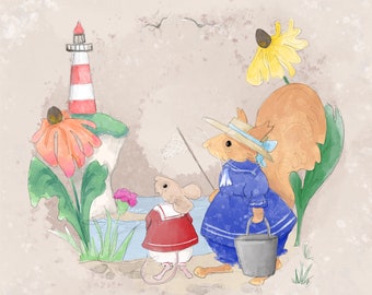 Pre-order Fabric panel summer trip to the seaside squirrel miss poppy & Florrie mouse  on light taupe 30.5 cm square quilting cotton