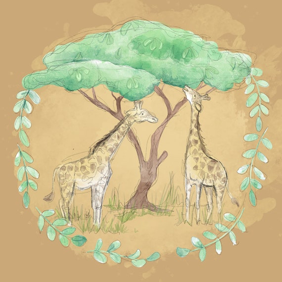 Summer Giraffes Printed Panel on Quilting Cotton 30 by 30cms