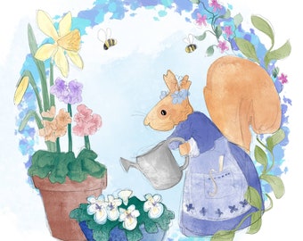 Pre-order miss poppy panel block 2 watering gardening spring squirrel on blue printed panel on quilting cotton 30 by 30cms
