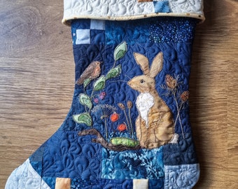 Pdf pattern for Hare stocking 14" by 18" with Printed pattern raw edge applique tutorial free motion embroidery