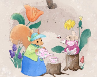 Pre-order Fabric panel spring taking tea in the garden squirrel miss poppy & Florrie mouse  on light taupe 30.5 cm square quilting cotton