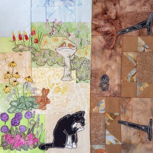 May include: A colorful patchwork quilt with a variety of embroidered designs, including a bird bath, a rabbit, a cat, and flowers. The quilt is made up of different fabrics and textures, creating a unique and interesting piece of art.