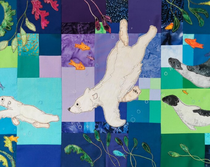 Featured listing image: Fabric & Printed pattern for swimming lessons quilt raw edge applique tutorial free motion embroidery polar bear seal