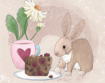 Pre-order tea time tales 2  rabbit printed panel on quilting cotton 30.5 by 30.5 cms robin