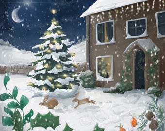 Winter house and hares Quilting Panel (30.5 cms)