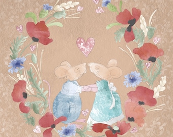 Pre-order Valentine mice printed panel on quilting cotton 30 by 30cms