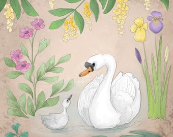 Swan Cygnet River Bank Print – Spring Floral Cotton Panel (30.5x30.5 cm)