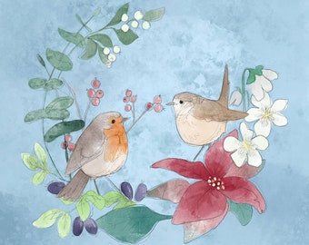 Pre -order Christmas robin and Wren printed panel on quilting cotton 30.5 by 30.5 cms