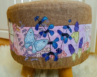 Printed  pattern for removable footstool cover, summer butterflies raw edge applique free motion embroidery