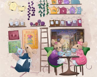 Vintage tea shop shop mice printed panel on quilting cotton 47cm by 47 cms