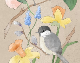 Spring crested tit and willow tit printed panel on quilting cotton 21 by 47 cms