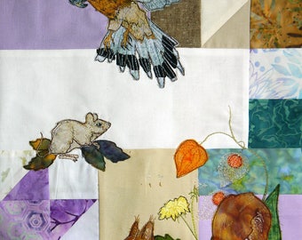 PDF pattern for Block of the month 8 kestrel mouse squirrel raw edge applique tutorial free motion embroidery