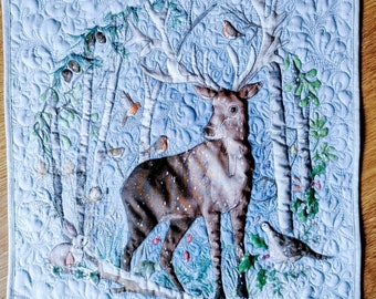 Original art for sale 'Winter Stag' 17" by 17" Wall hanging embroidered textile art