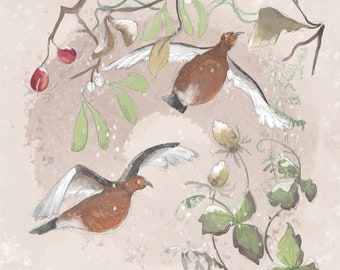 Pre -order autumn flying winter grouse printed panel on quilting cotton 30.5 by 30.5 cms