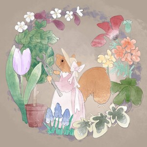 May include: A watercolor illustration of a squirrel wearing a pink dress and a brown hat, holding gardening shears and standing next to a potted plant. The squirrel is surrounded by flowers, including pink, white, and purple blossoms.