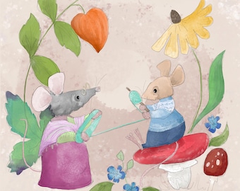 Pre -order sally and florrie winding wool shrew printed panel late summer time 30.5 by 30.5 cms setting spinner