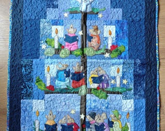 Finished Textile Art mounted 32 by 24" quilt mice Christmas carol singers quilt with raw applique and patchwork