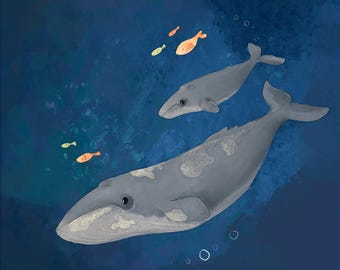 Pre -order grey whale and calf printed panel on quilting cotton 30.5 by 30.5 cms
