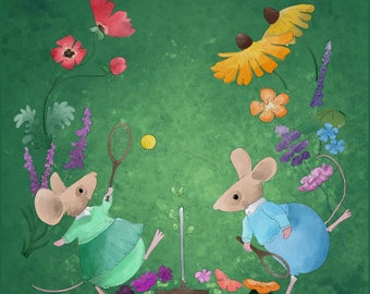 Pre -order garden party tennis printed panel on quilting cotton 30.5 by 30.5 cms