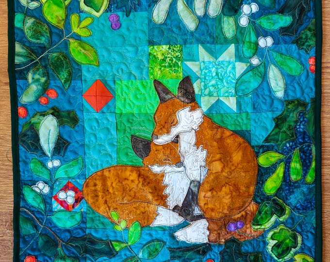 Featured listing image: Fabric & Printed pattern for winter foxes quilt raw edge applique tutorial free motion embroidery