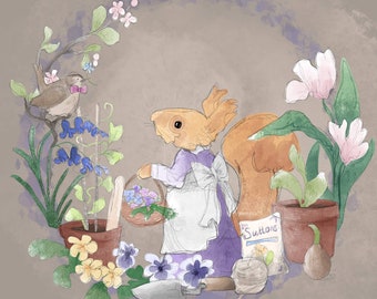 Pre-order Victorian Baltimore panel gardening spring squirrel on beige printed panel on quilting cotton 30 by 30cms