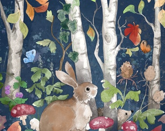 Pre-order Autumn forest rabbit printed panel on quilting cotton 30.5 by 30.5 cms