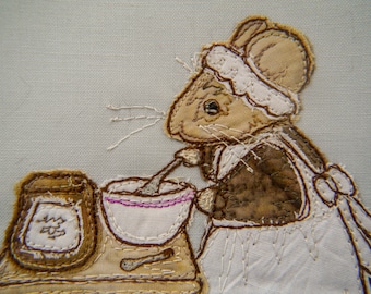 PDF pattern for Life in the Town Victorian Mice cook Mrs Hazelton kitchen raw edge applique tutorial free motion embroidery