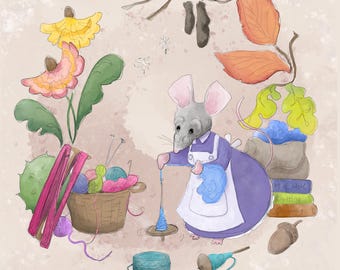 Pre -order sally the shrew printed panel late summer time 30.5 by 30.5 cms drop spindle niddy noddy