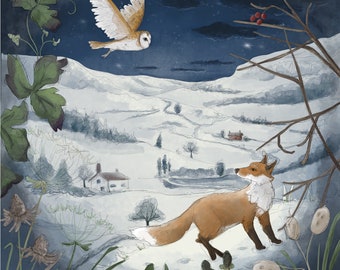 Pre -order winter scene with fox and owl printed panel on quilting cotton 30.5 by 30.5 cms