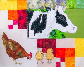 PDF pattern Farmyard Rainbow Block 5 Cow and chickens (Free motion embroidery, raw edge applique, quilt)