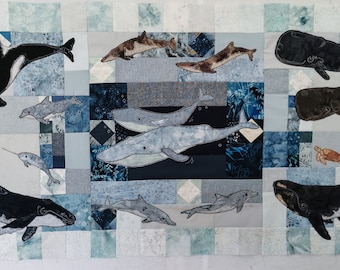 Full Printed pattern set In the deep blocks 1 to 6 applique whale minke sperm orca right blue