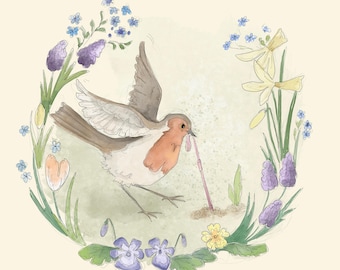 Pre-order Fabric panel spring robin cream 30.5 cm square quilting cotton