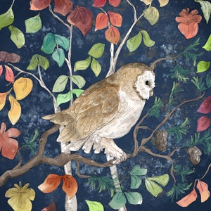 Pre-order Autumn forest barn owl printed panel on quilting cotton 30.5 by 30.5 cms