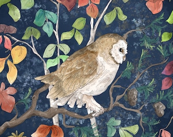 Pre-order Autumn forest barn owl printed panel on quilting cotton 30.5 by 30.5 cms