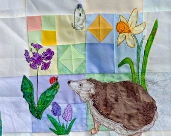 Fabric kit and Printed pattern for spring hedgehog sew along  quilt raw edge applique tutorial free motion embroidery