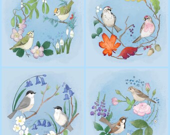 Pre-order set of four Fabric panels birds on seasonal foliage berries watercolour effect on blue 30. 5cm square quilting cotton