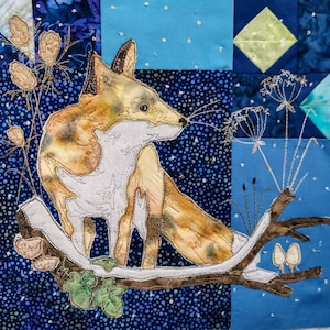 May include: A fox with a white chest and brown and orange fur is sitting on a branch with a blue background. The fox is surrounded by small white flowers and green leaves.