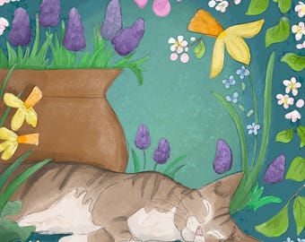 Pre -order spring garden cat printed panel on quilting cotton 30.5 by 30.5 cms