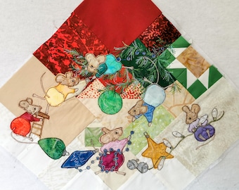 PDF pattern Mice Tree Skirt" Block 1 applique Christmas tree skirt baubles red green cream