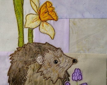 PDF pattern for Ellie's rainbow quilt part 1 hedgehog and daffodils  raw edge applique tutorial free motion embroidery