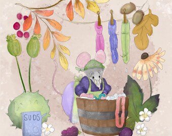 Pre -order sally washing her wool shrew printed panel late summer time 30.5 by 30.5 cms setting spinner