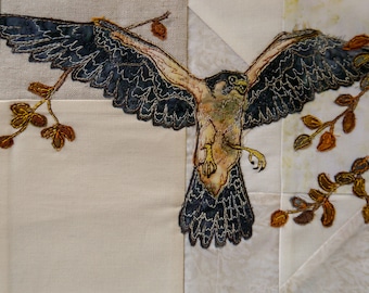 PDF pattern for Highlands quilt block 4 Peregrine Falcon raw edge applique tutorial free motion embroidery