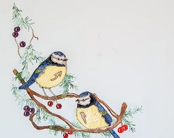 Printed pattern for Snowy Bluetits raw edge applique tutorial free motion embroidery