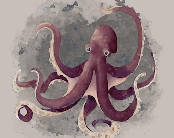 Pre-order Fabric panel Octopus on light taupe 30.5 cm square quilting cotton