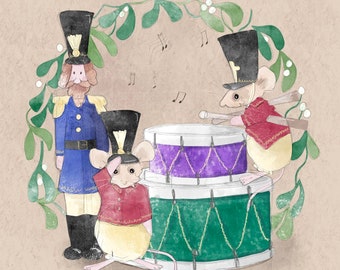 Pre -order Christmas toy shop window printed panel 1 on quilting cotton 30. 5 by 30.5 cms drummer soldiers mice