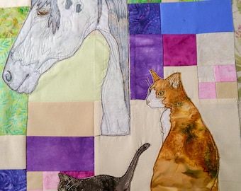 printed pattern Farmyard Rainbow Block 3  Horse and kittens (Free motion embroidery, raw edge applique, quilt)