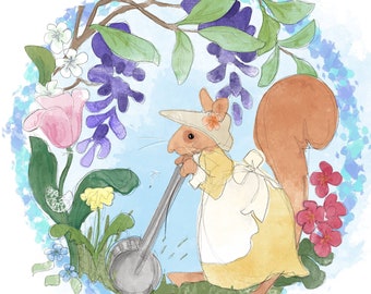 Pre-order miss poppy panel block 6 mowing the grass gardening spring squirrel on blue printed panel on quilting cotton 30 by 30cms