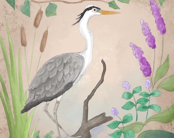 Pre -order grey heron beige printed panel  30.5 by 30.5 cms