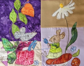 Printed pattern for Sally the shrew in the autumn block 4 quilt raw edge applique tutorial free motion embroidery